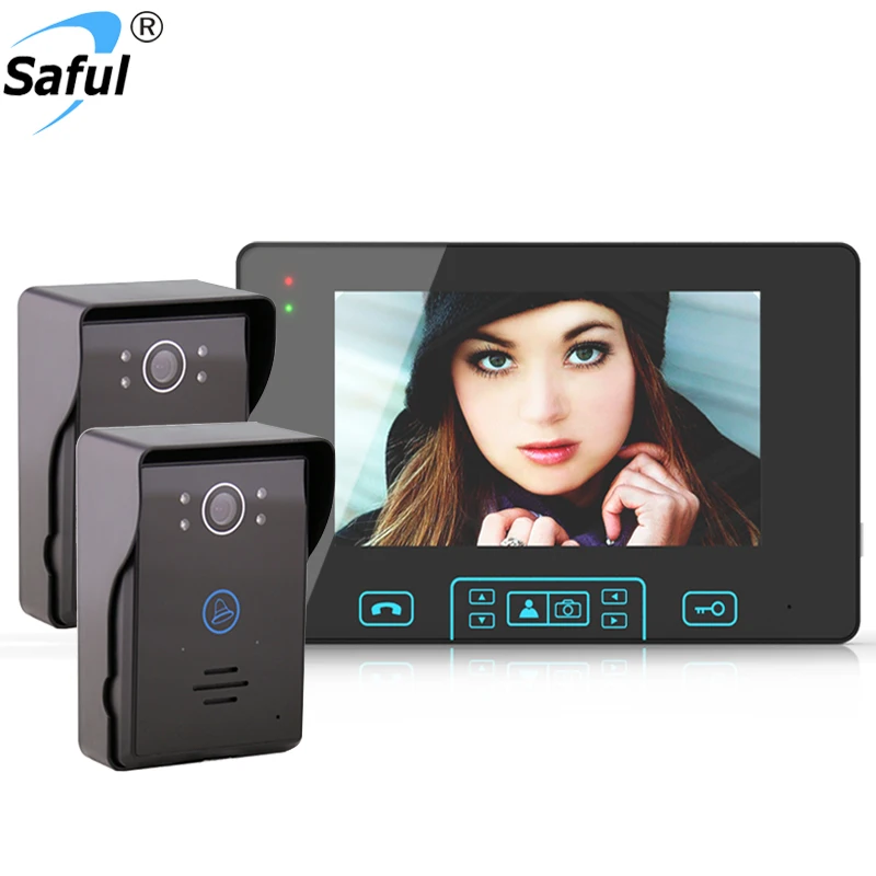 

Saful Wireless 7"LCD Video Door Phone Intercom System 1 Indoor Moniter Unlock Video Doorbell + 2 Waterproof Outdoor Door Camera