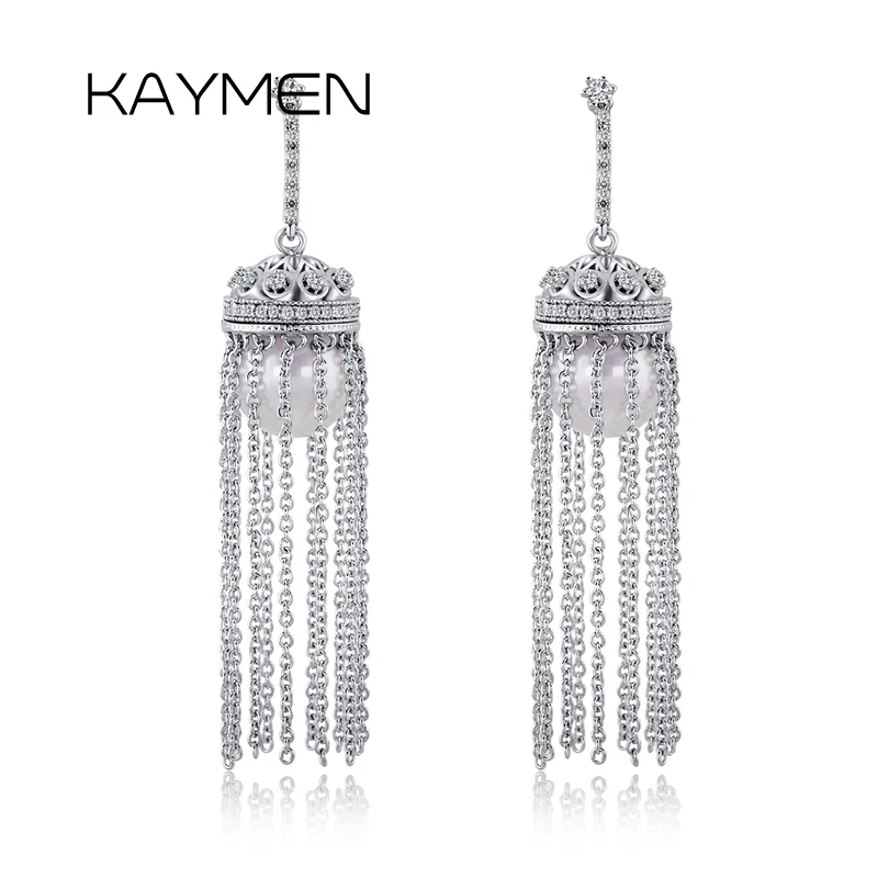 

KAYMEN Good Quality Crown Shape and Tassels Pearl AAA Zircon Drop Dangle Earrings for Women Wedding Party Prom Gift Jewelry