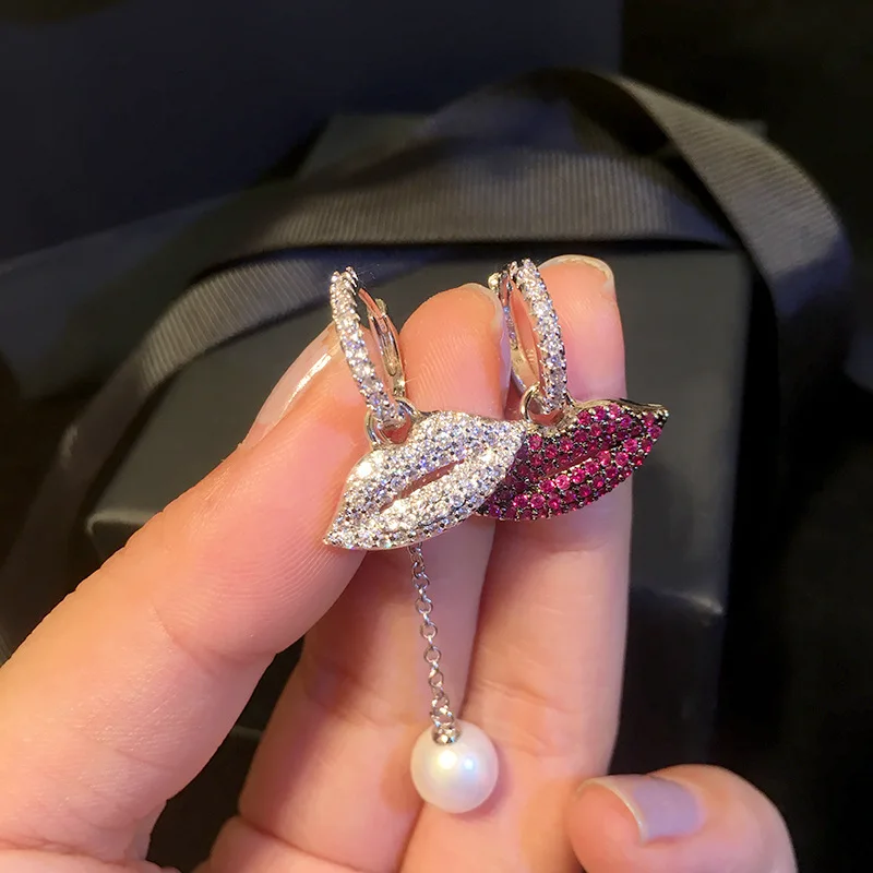 

1 Pair Micro Paved Multicolor AAA Cubic Zirconia Sexy Lips Asymmetry Cute Romantic Drop Earrings for Women Fashion Jewelry