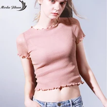 Moda Jihan женская рубашка сияющий блеск сетки с коротким рукавом обрезки Хем Топы с вырезом лодочкой эластичный футболки женские