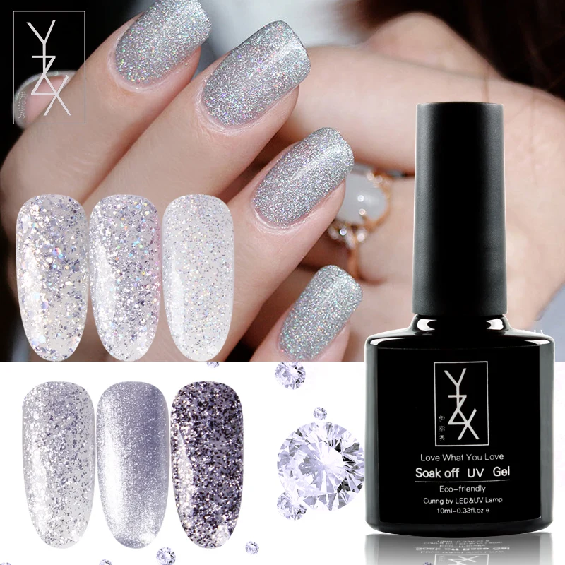 YiZhiXiu 1pcs 10ml Glitter Silver Varnish Soak-off UV Gel Nail Polish Cheap Nail Lacquer Crystal Gel Manicure Platinum Enamel