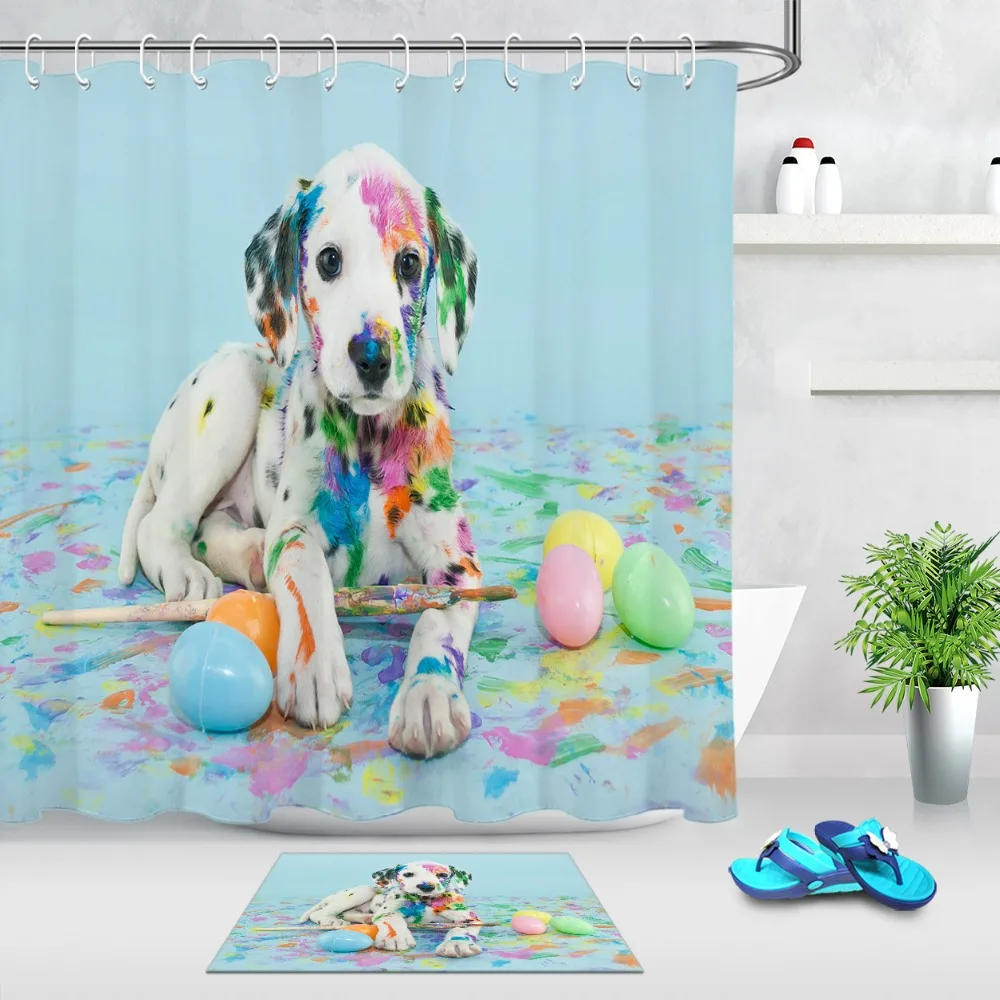 

LB A Funny Little Dalmatian Puppy Dog Light Blue Shower Curtains Set Easter Eggs Bathroom Waterproof Fabric For Bathtub Decor