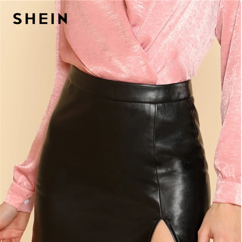 SHEIN Модная Кожаная Юбка С Вырезом Женская Черная Сексуальная На Молнии Середины