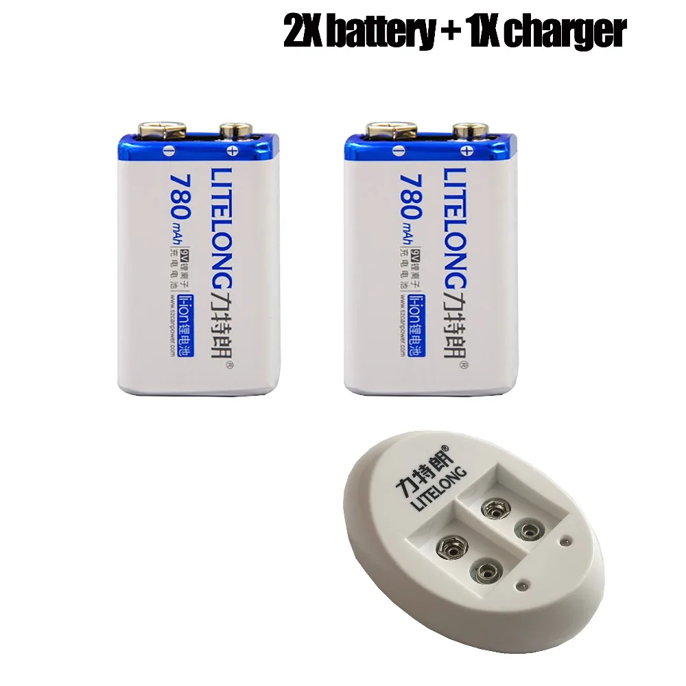 

Free Shipping 2PCS 9V Li-ion 780mAh Microphones Battery + 1 charger for Pile PP3 6LR61 6LR21 MN1604 6LF22 meter battery
