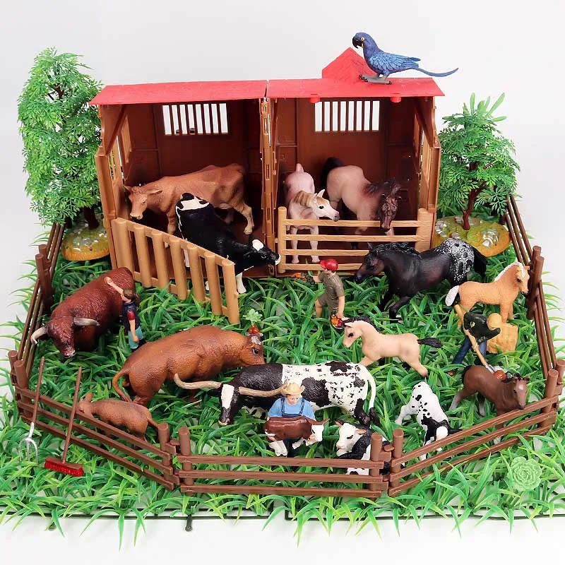 Oenux Farm House Simulation Poultry Animals Set Horse Cow Hen Figurines Farm Zoo Staffer Action Figures Toy For Kids Xmas Gift