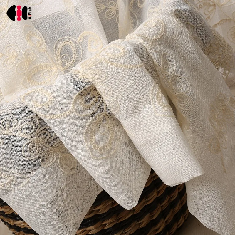 

Floral Towel Embroidered Curtains for Living Room Countryside Delicate Cotton Polyester French Window Drapes WP046C