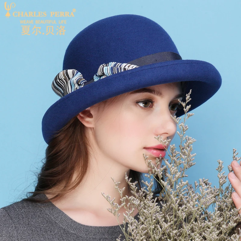 

Charles Perra Women Winter Hat Warm Wool Cap New Fashion Elegant Bowknot England Lady Bucket Hats Casual Female Fedoras 7626