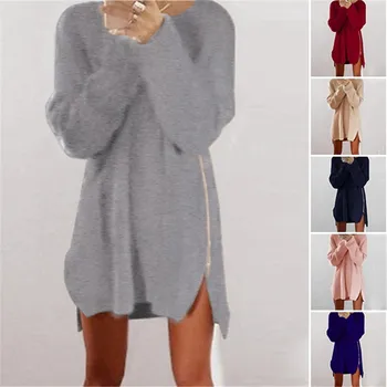 

Women Winter Wear Long Sleeve Side Slit Zipper Mini Knitted Sweater Dress