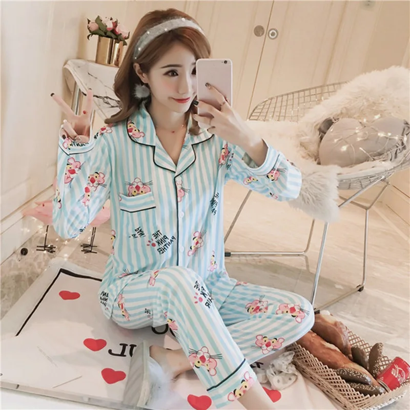 

2019 New Spring Casual Striped Cotton Pajama Sets for Women Long Sleeve Cartoon Print Sleepwear Loungewear Homewear Pijama Mujer
