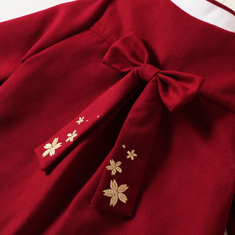 Очень милое зимнее плотное пальто из пушистого меха с вышивкой сакуры в китайском стиле, длинный красный фестиваль, верхняя одежда, парки с бантом