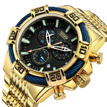 

2019 Fashion Men Military Watch Waterproof Stainless Steel Band Gold Mens Watches Top Brand Luxury Big Dial Quartz Wristwatch