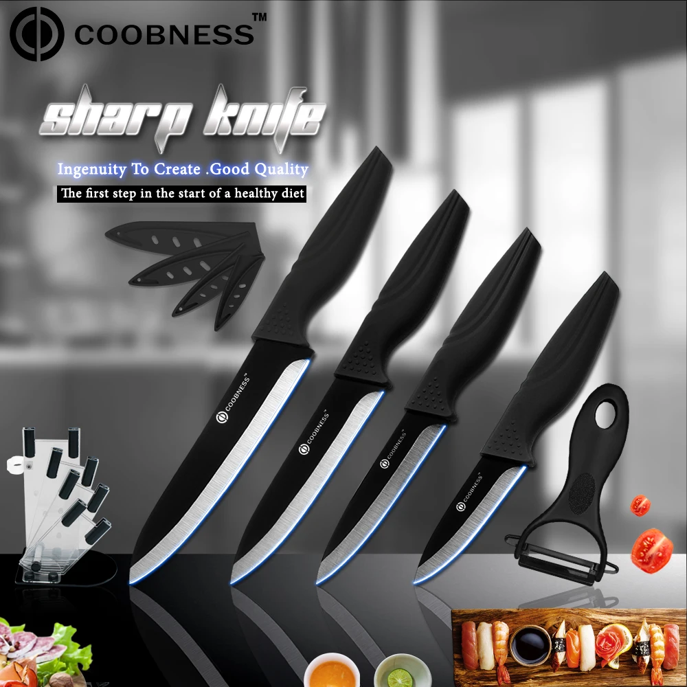 

Kitchen Knife Set COOBNESS Brand 4 Piece Ceramic Knife One Peeler Knife Holder +3, 4, 5, 6 inch Black Blade Cooking Accessories