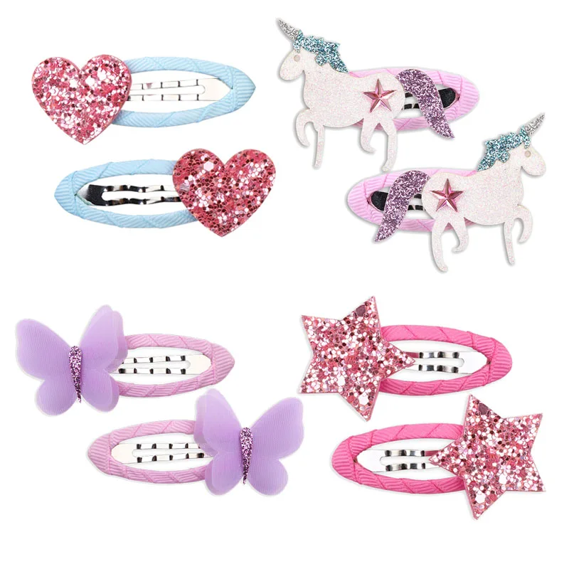 

2PCS Princess Hairpins Glitter Cartoon Unicorn BB Hair Clips Kids Headwear Flower Girls Hair Accessories Babe Headdress Ornament
