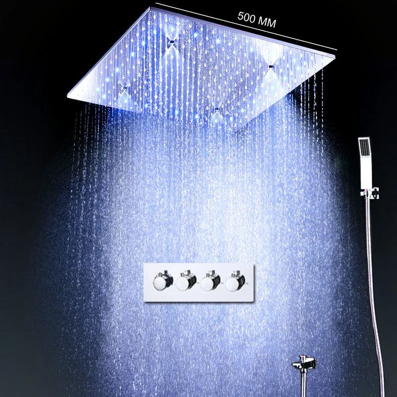 

Modern Big Rain Shower Set Thermostatic Bath Mixing Valve 20 Inch Misty Square Shower Panel Head With Water Power LED Ligthts