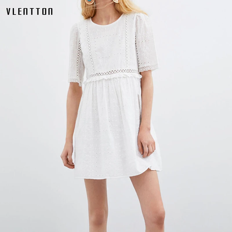

New Summer High waist Dress For Women Hollow Out Embroidery Short sleeve White Lace Dress Casual A-Line Women's Dresses Vestidos