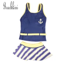 Купальный костюм в темно-синюю полоску из двух предметов; Новинка; жилет для девочек с юбкой; купальный костюм с заниженной талией и поясом; Спортивный детский пляжный костюм