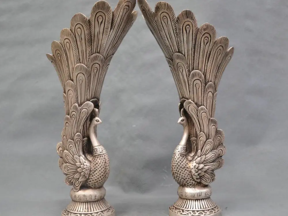 

14'' China Silver Bronze Peacock Vase a pair of Bronze Statue