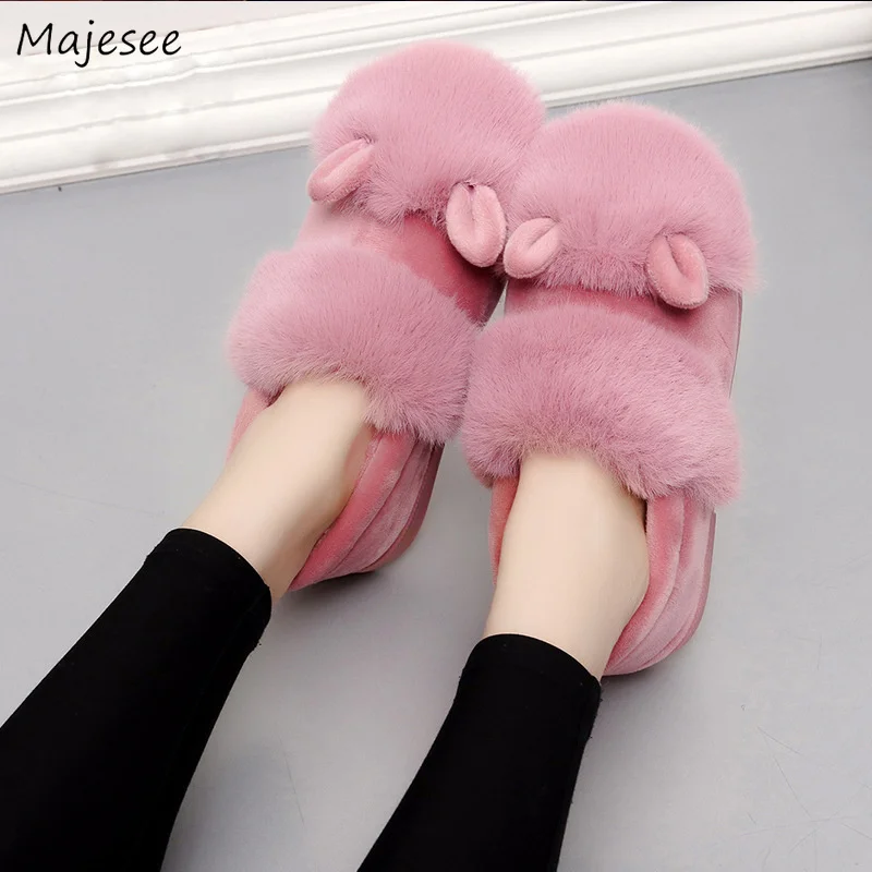 

Winter Slippers Women Faux Fur Soft Warm Simple Kawaii Leisure Trendy Womens Flat Thicker Female Non-slip Home Plush Slipper New