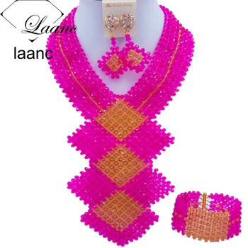 

Laanc 2017 African Beads Jewelry Set Hot Pink and Gold Nigerian Wedding Necklace and Earrings Sets FKB003