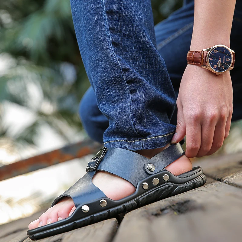 Популярные мужские сандалии из натуральной кожи; Красивые Летние удобные сандалии на открытом воздухе; большие размеры; пляжная обувь;