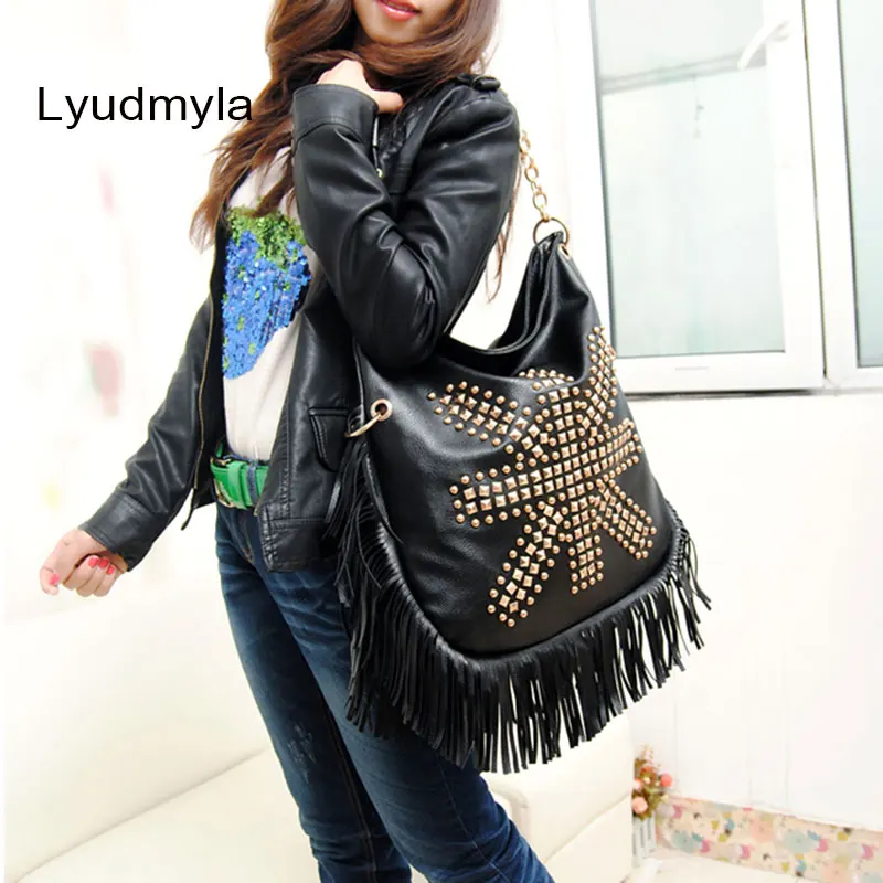 

Hobo Bag 2018 Women Large Leather Bag Female Soft Fringe Handbag Desinger Rock Studded Pu Shoulder Handbags Big Sling Bag Chain