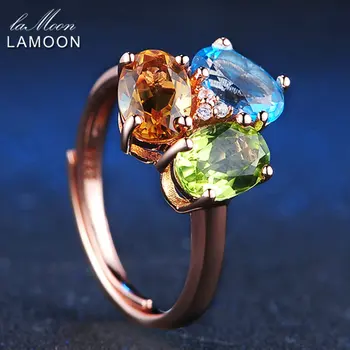

LAMOON 3pcs 3ct Oval Yellow Citrine Green Peridot Blue Topaz 925 sterling-silver-jewelry Wedding Ring S925 LMRI002