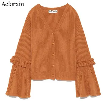 

2019 Autumn Cardigan Women Sweater Girl Flare Sleeve Lace Knitted Sweater Cardigans Pull Femme Jumper Cardigan Feminino Poncho