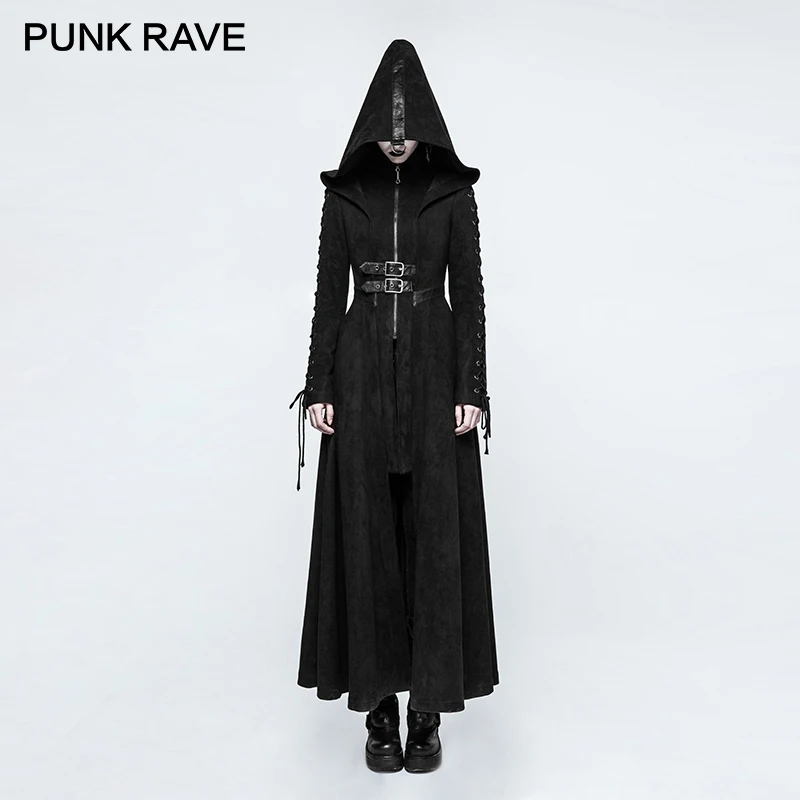 

PUNK RAVE Gothic Women Hooded Witch Full Length Long Coat Punk Vintage Bandage Coat Long Sleeve Vampire Jackets Long Trench Coat