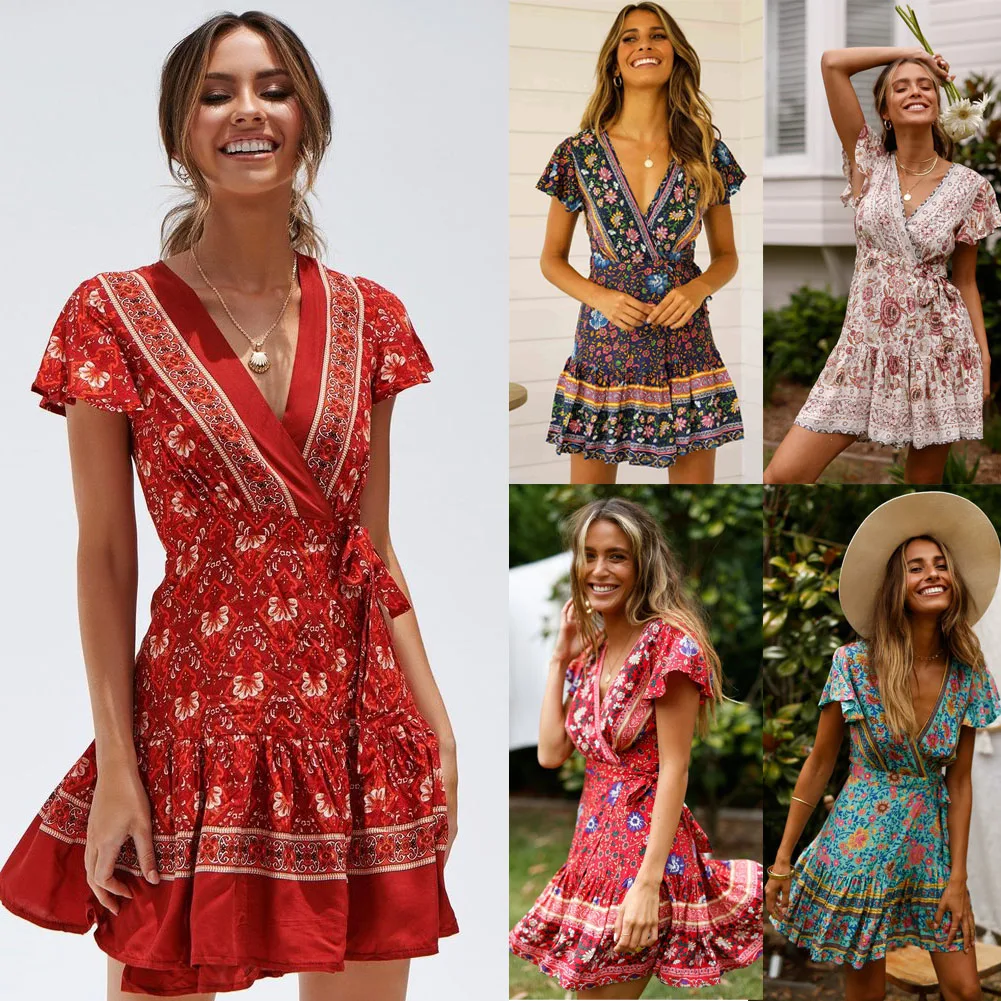 Женское пляжное платье размера плюс, Boho, летнее, с коротким рукавом, с цветочным рисунком, мини платье для женщин, с высокой талией, с v-образным вырезом, платье-туника с поясом на талии