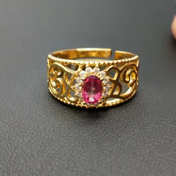

FLZB, 925 sterling silver ring with yellow gold plated with natural pink topaz 4*6mm ,luxury ring jewelry gift for girl