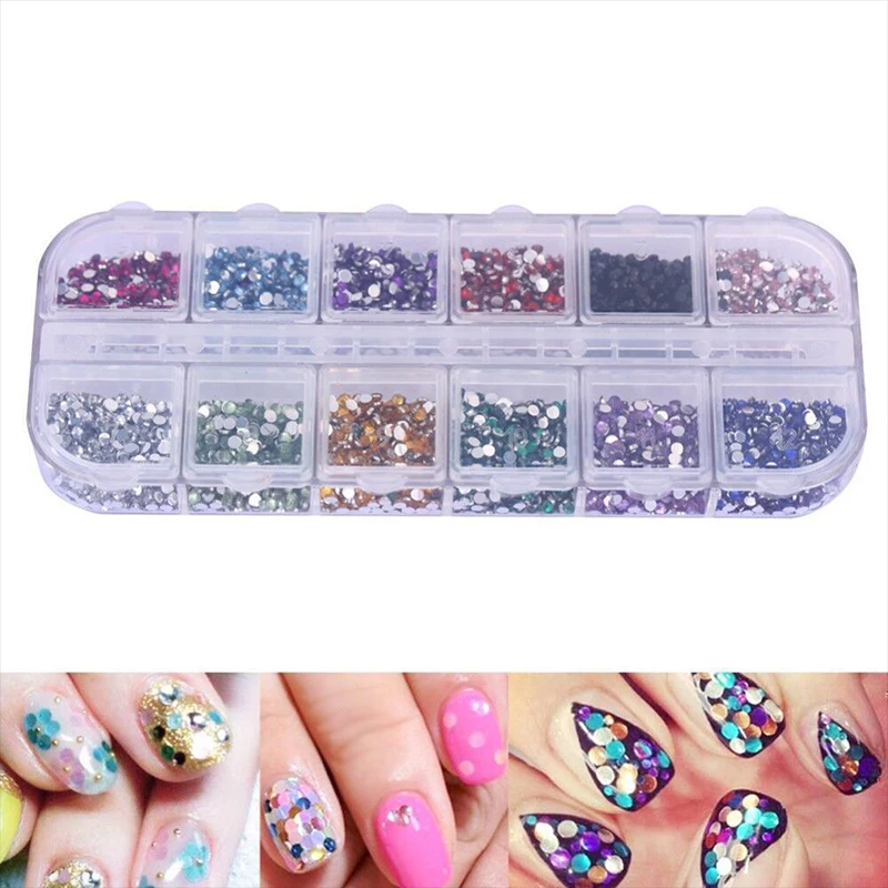 

RORASA 2mm Rhinestones Nail Decoration 12 Colors Round Colorful Glitters With Hard Case DIY Nail Art Decorations Nail Tool