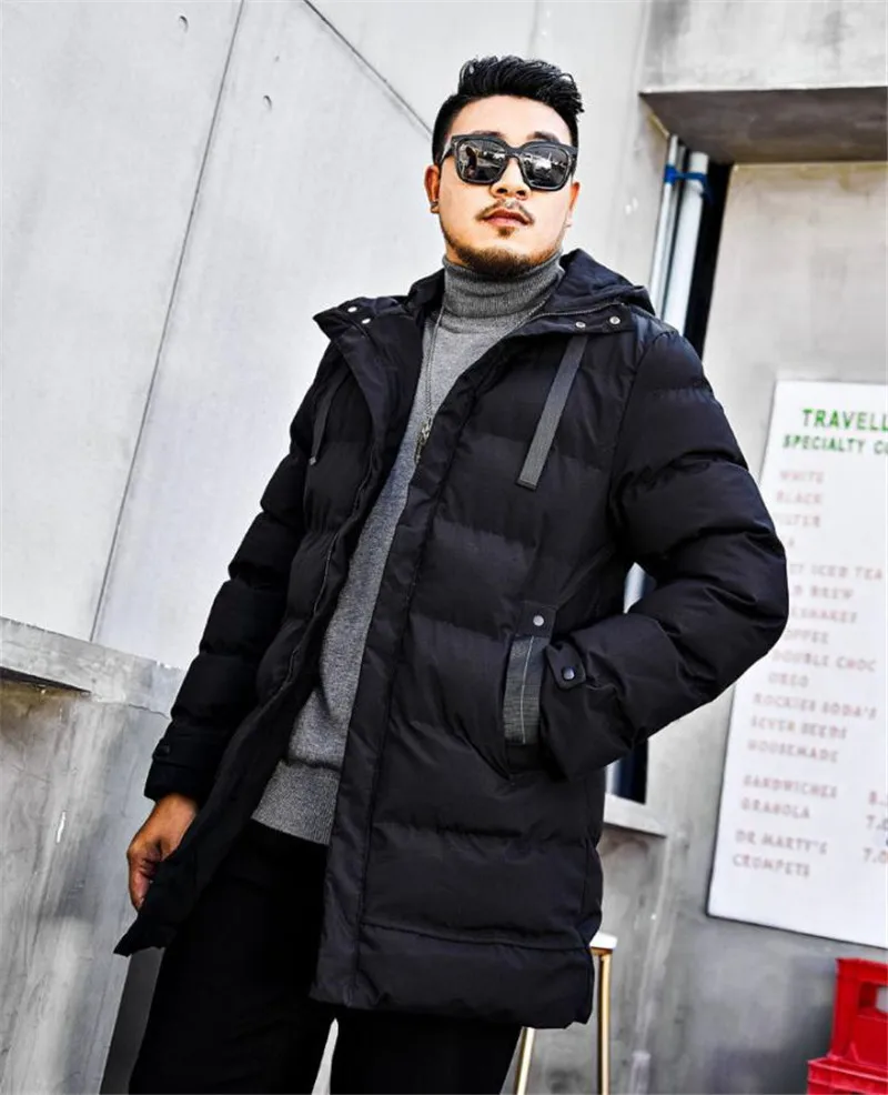 2018 Новинка зимы бренд для мужчин парка Теплая Куртка Длинные свободные большой размеры толстый черный хлопковый костюм для 140 кг