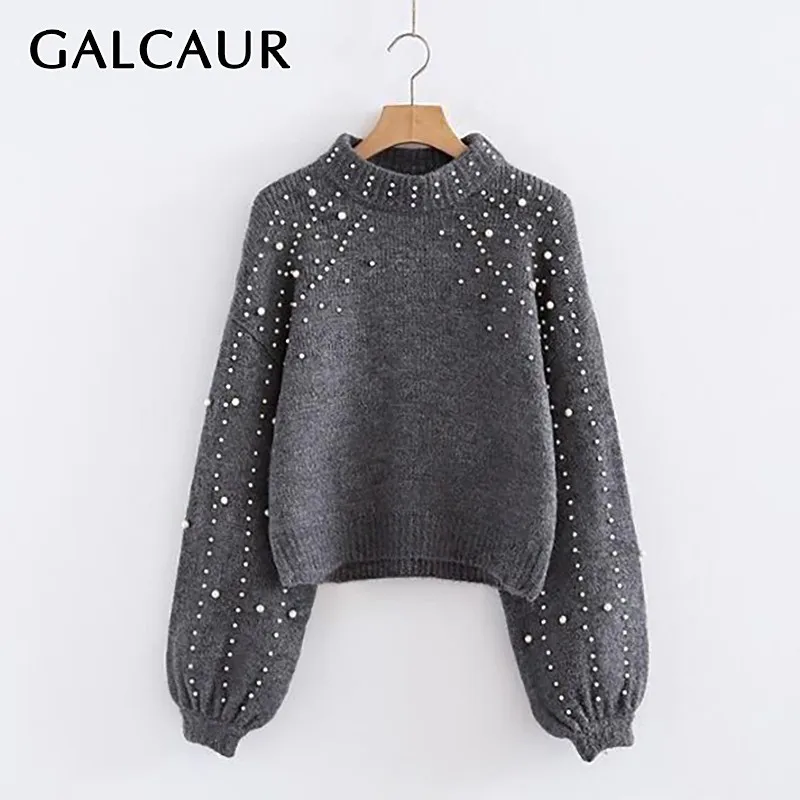 GALCAUR женский свитер из кусков с бисером круглый вырез рукав-фонарик короткие