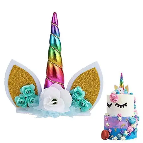 

METABLE 1SET Unicorn Cake Topper Handmade Flowers Horn Ears Happy Birthday DIY Glitter Birthday Cupcake Topper Candle Party