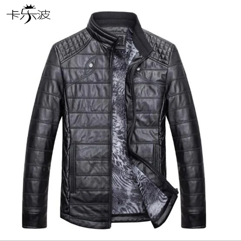 

KaLeBo Men's pu leather 2017 explosion models machine lattice plus velvet leather jackets motorcycle motorcycle jacket male