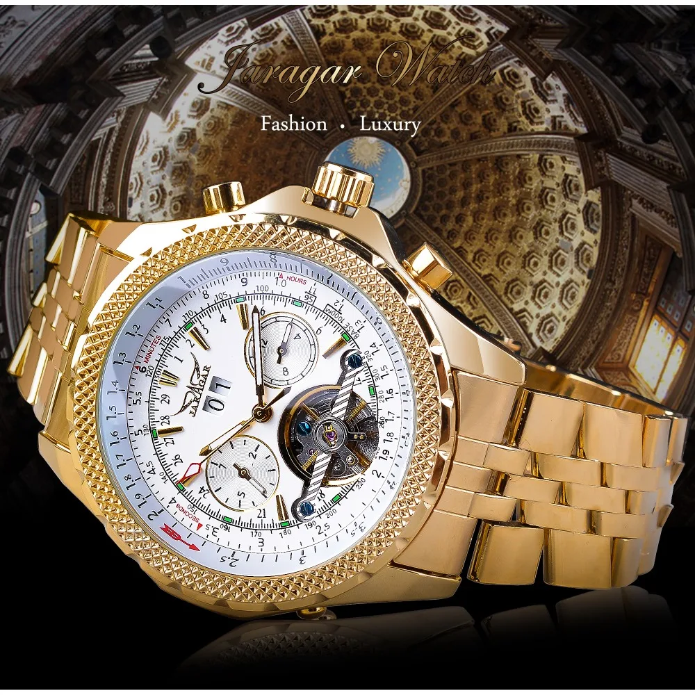 Jaragar Мужские золотые автоматические часы с большим циферблатом и календарем, механические часы со стальным ремешком