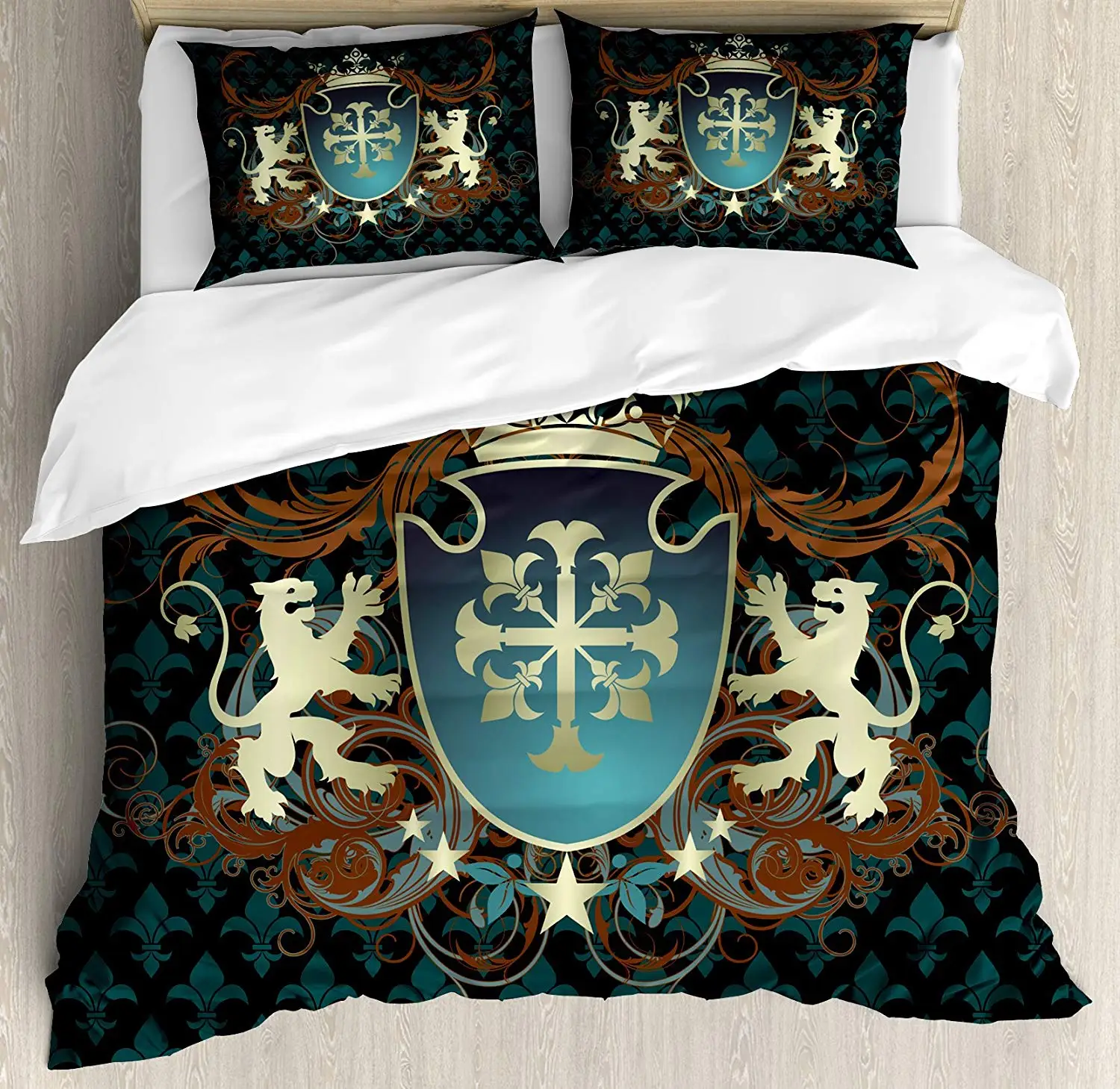

Medieval Duvet Cover Set Queen Size Heraldic Design from Middle Ages Coat Arms Crown Lions Swirls Bedding Set
