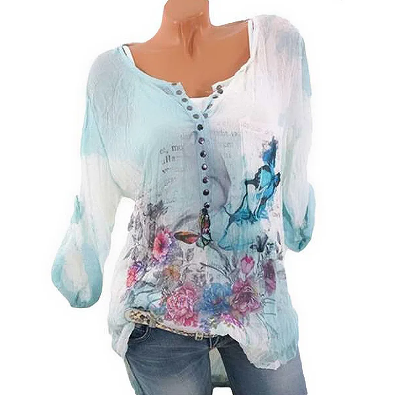 

Summer's New Women's Long-sleeved Print Shirt Button-down Top Chiffon
