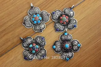 

PN850 Tibetan Silver Inlaid Colorful Beads Vintage Flower Pendant Nepal Indian Antiqued Jewelry,Wholesale handmade jewely
