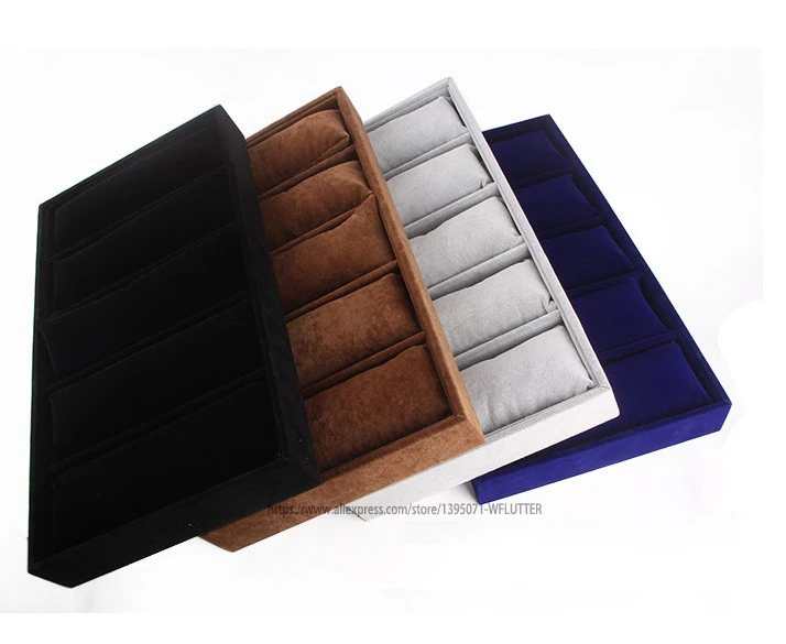 

High Quality Velvet 5 Cells Jewelry Tray Bracelet Holder Watch Display Rack Stand Props Anklet Bangle Showcase With 5 Pillows