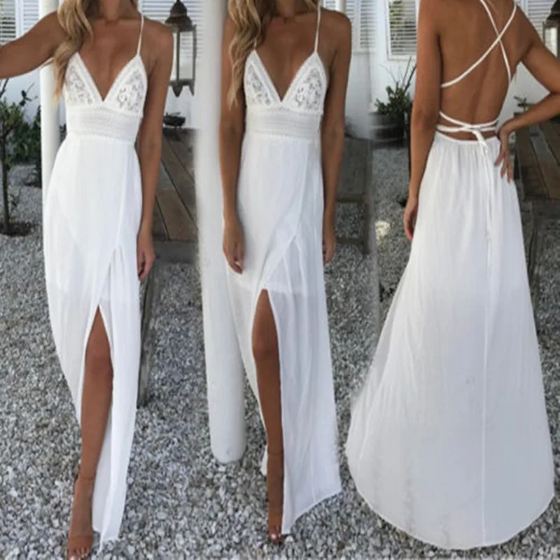 

2018 Summer Boho Women Long Dress Backless Halter V Neck Maxi Beach Bohemia Dresses Sundress White Tee Neck Sleeveless Dress