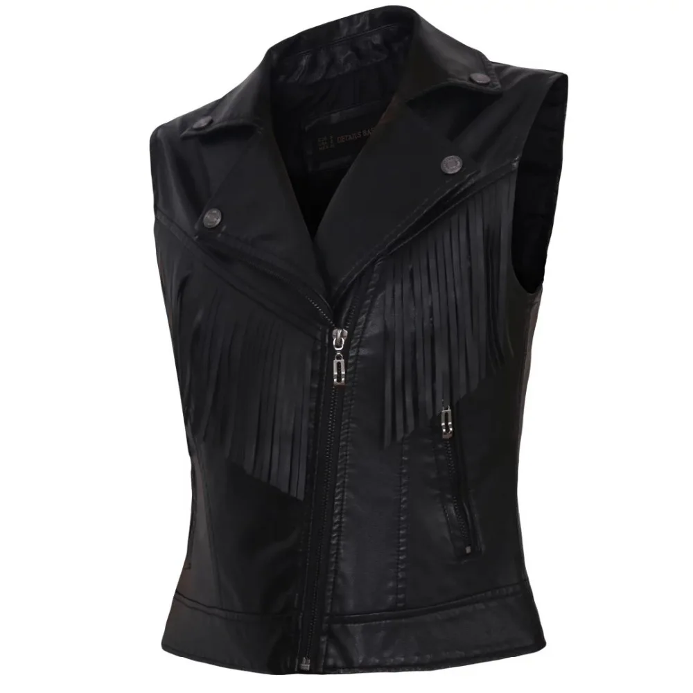 

Women faux leather vest sleeveless jackets ladies black waistcoat full lined tassel short SML slim fit female new vests hot