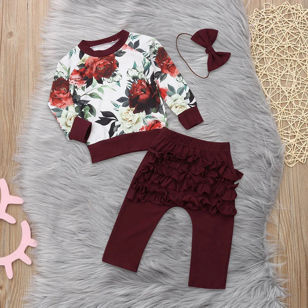 

Newest Girls Clothes Infant Baby Girls Long Sleeve Floral Print Tops+Pants+Headband Outfit Clothes 3PCS Vetement Enfant Fille