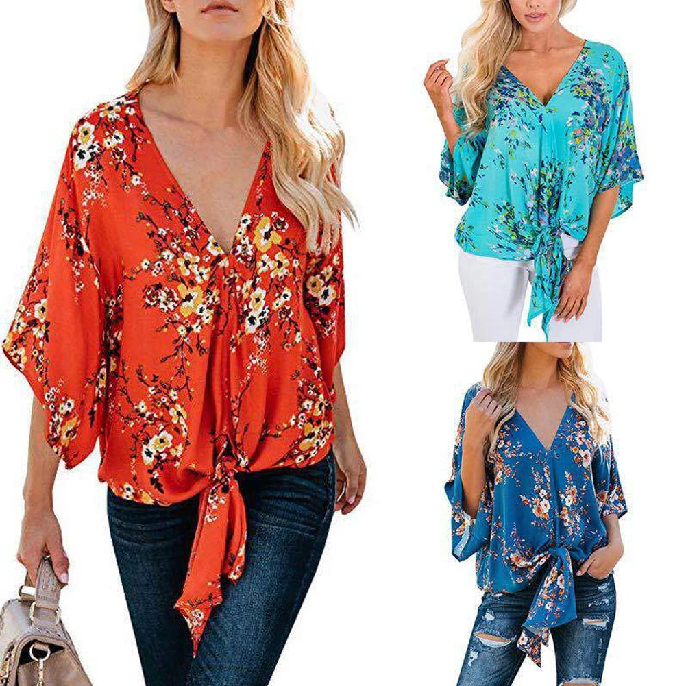 Women Floral Printed Blouse Female Tie Knot Soft Daily Tops Batwing Sleeve V Neck Top Elegant Summer Loose Chiffon Dating Autumn