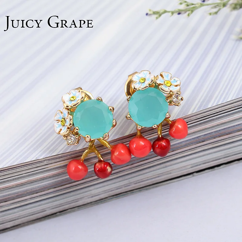 

Juicy Grape Enamel Small Flower Blue Crystal Earrings Cherry Gilded 925 Silver Needle Prevent Allergy Earrings Fashion Jewelry