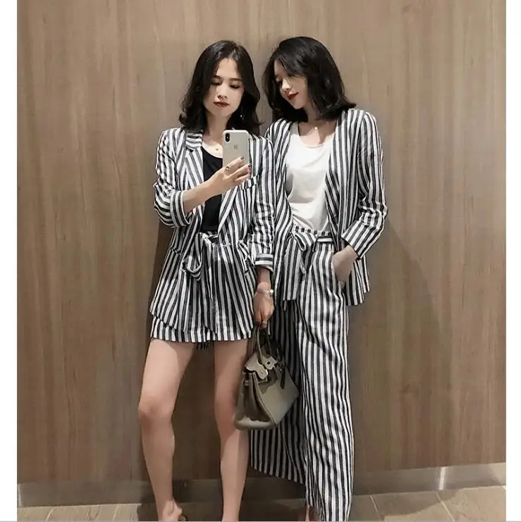 Work Pant Suits 2 Piece Outfit Sets Women Striped Blazer Jacket and Trouser Fashion Office Lady Suit Feminino 2019 Two piece set