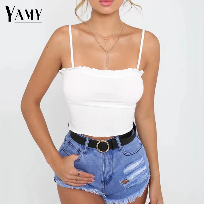 

Summer 2018 yellow black white off shoulder crop top women shirts workout backless spaghetti strap cami top streetwear