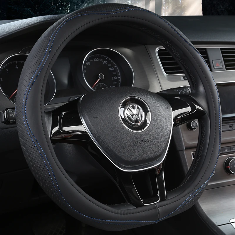 

KKYSYELVA D Shape Steering-Wheel Black Auto Car Steering Wheel Cover Leather 38CM wheel cover Interior accessories