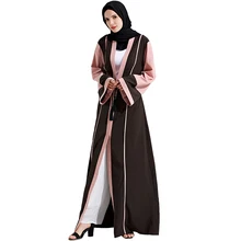 Babalet Womens’ Elegant Modest Muslim Islamic Clothing Long Sleeve Full Length Color Block Traditional Abaya Dress with Belt EID