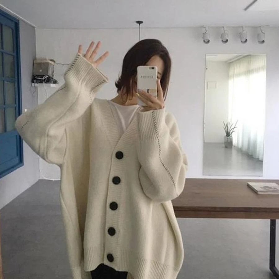 DICLOUD Fashion Autumn Loose Knit Cardigan Sweater Woman 2018 Korea V-Neck Casual Sweater Female Plus Size Vintage Coat Sweaters